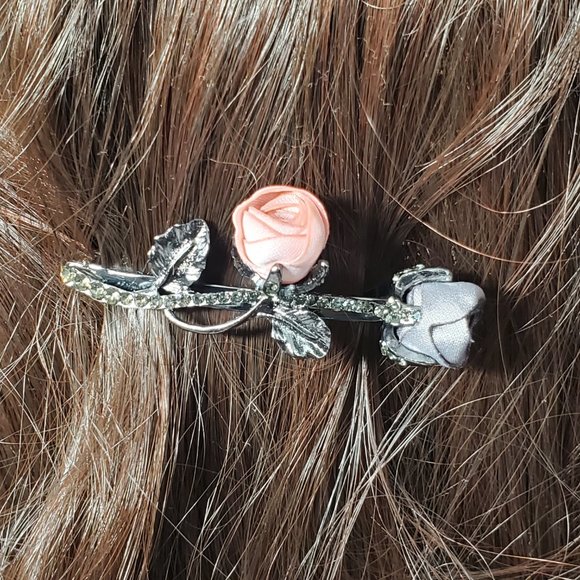 Gray & Peach Silk Roses Petite  Hair Barrett - Hair Clip - Picture 5 of 7
